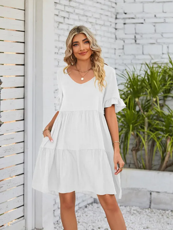 Babydoll V-Neck Dress with Ruffle Sleeves and Pleated Layers