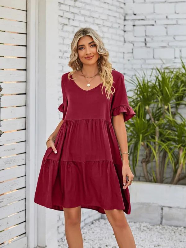 Babydoll V-Neck Dress with Ruffle Sleeves and Pleated Layers
