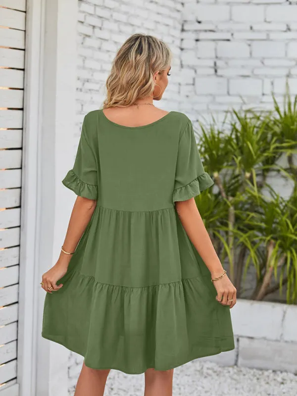 Babydoll V-Neck Dress with Ruffle Sleeves and Pleated Layers