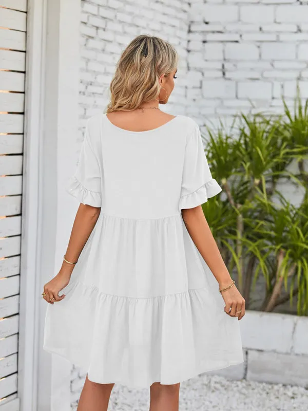 Babydoll V-Neck Dress with Ruffle Sleeves and Pleated Layers