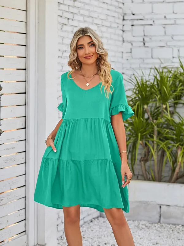 Babydoll V-Neck Dress with Ruffle Sleeves and Pleated Layers