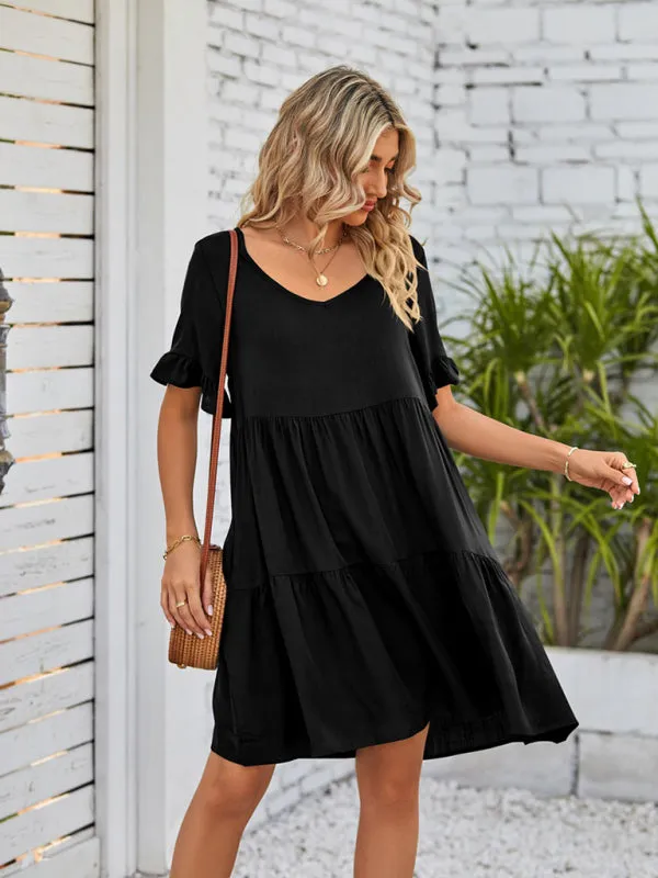 Babydoll V-Neck Dress with Ruffle Sleeves and Pleated Layers