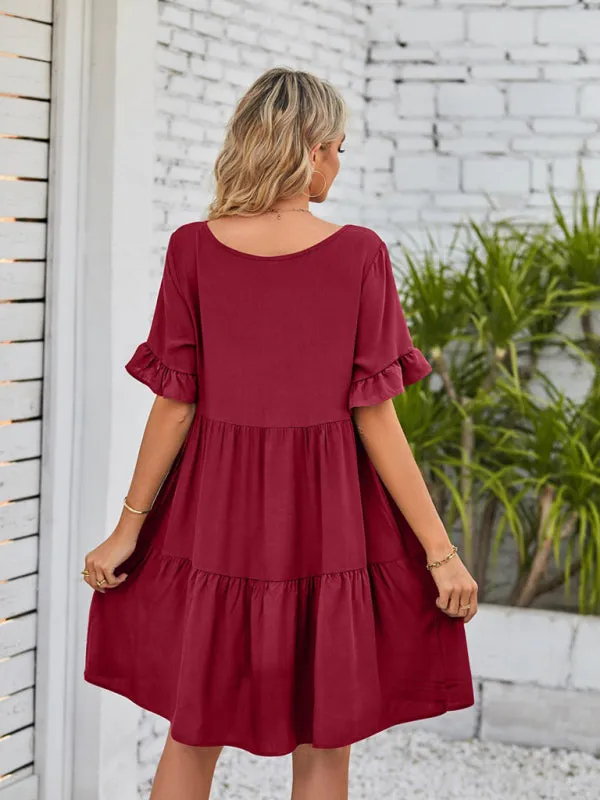 Babydoll V-Neck Dress with Ruffle Sleeves and Pleated Layers