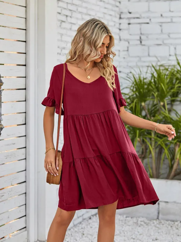 Babydoll V-Neck Dress with Ruffle Sleeves and Pleated Layers