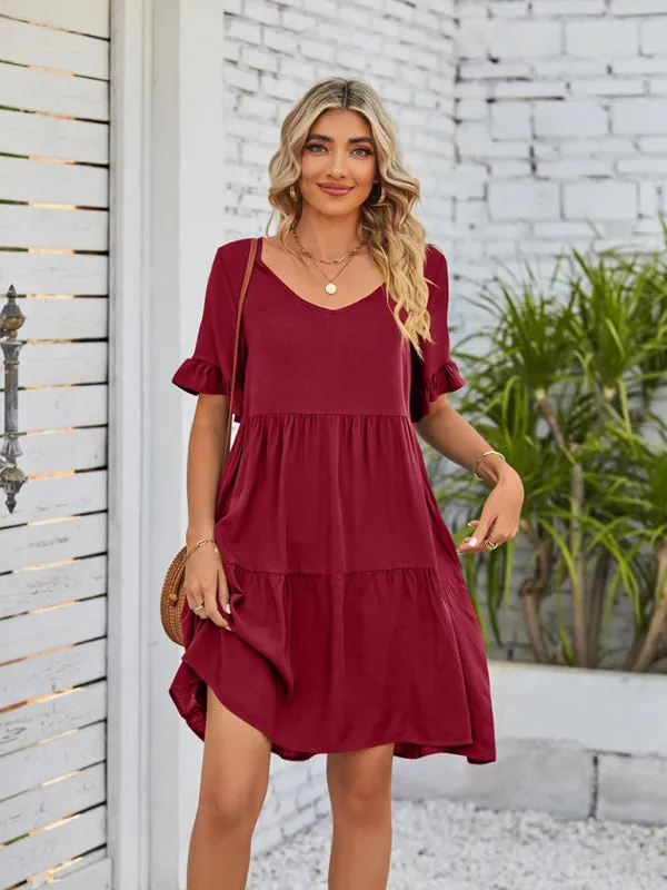 Babydoll V-Neck Dress with Ruffle Sleeves and Pleated Layers