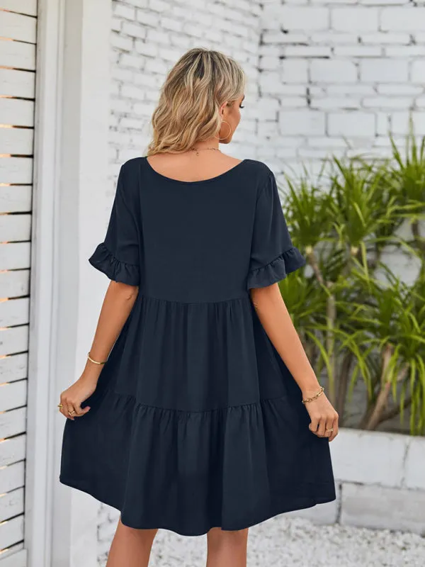 Babydoll V-Neck Dress with Ruffle Sleeves and Pleated Layers