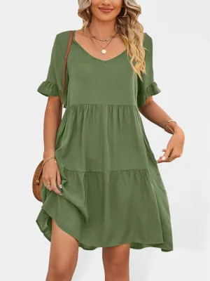 Babydoll V-Neck Dress with Ruffle Sleeves and Pleated Layers