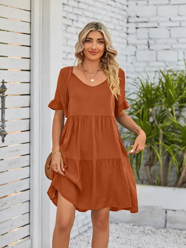 Babydoll V-Neck Dress with Ruffle Sleeves and Pleated Layers