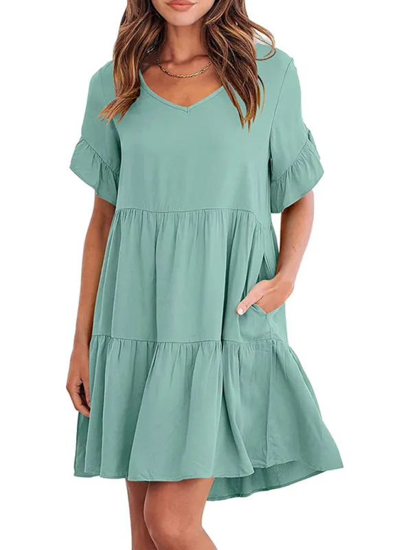 Babydoll V-Neck Dress with Ruffle Sleeves and Pleated Layers