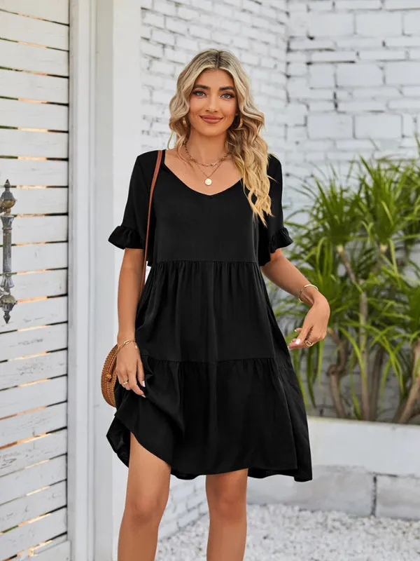 Babydoll V-Neck Dress with Ruffle Sleeves and Pleated Layers