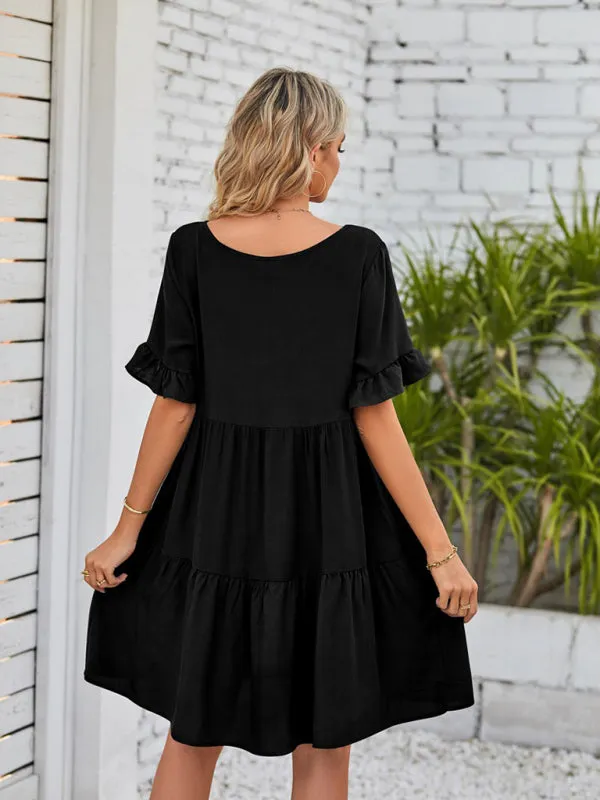 Babydoll V-Neck Dress with Ruffle Sleeves and Pleated Layers