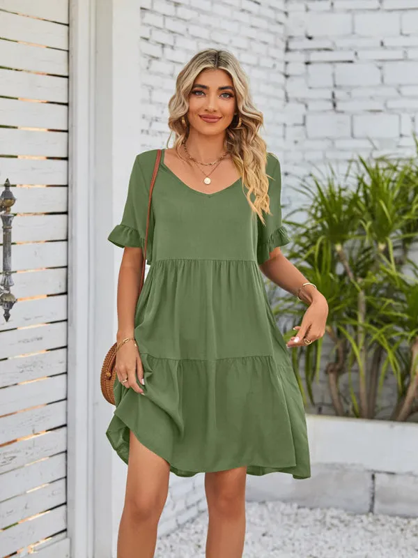 Babydoll V-Neck Dress with Ruffle Sleeves and Pleated Layers