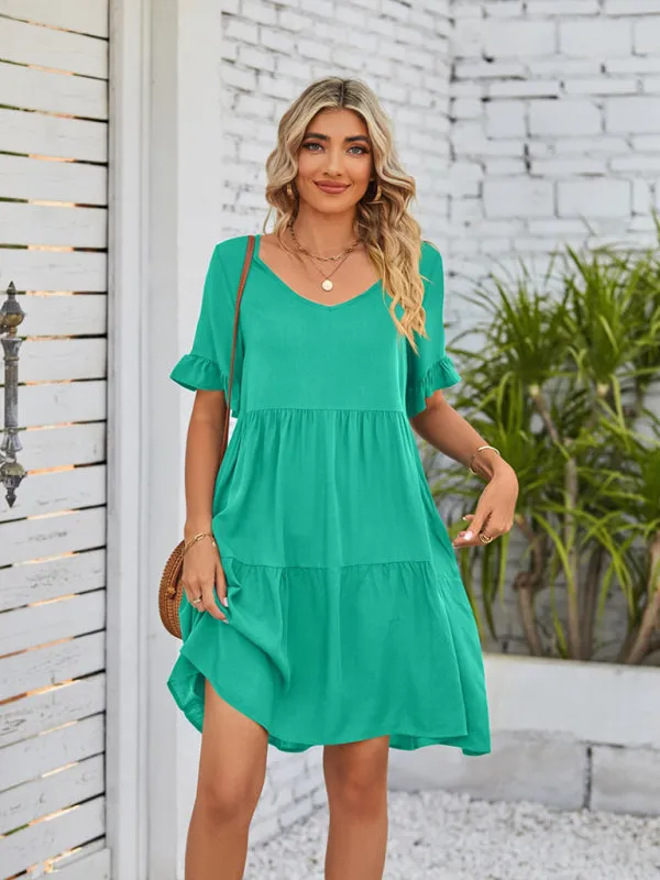 Babydoll V-Neck Dress with Ruffle Sleeves and Pleated Layers