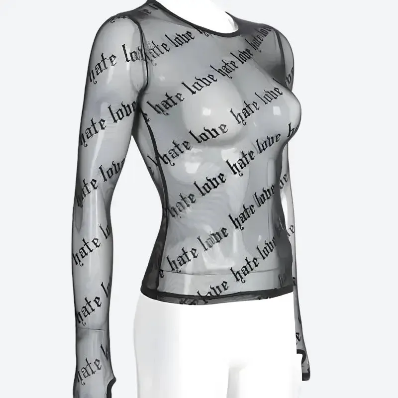 Baddie Love Hate Sheer Mesh Top with Bold Text Prints