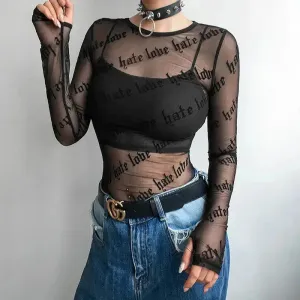 Baddie Love Hate Sheer Mesh Top with Bold Text Prints