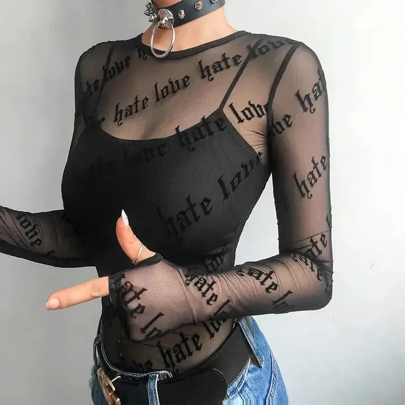 Baddie Love Hate Sheer Mesh Top with Bold Text Prints