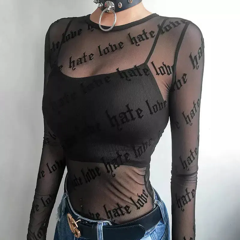 Baddie Love Hate Sheer Mesh Top with Bold Text Prints