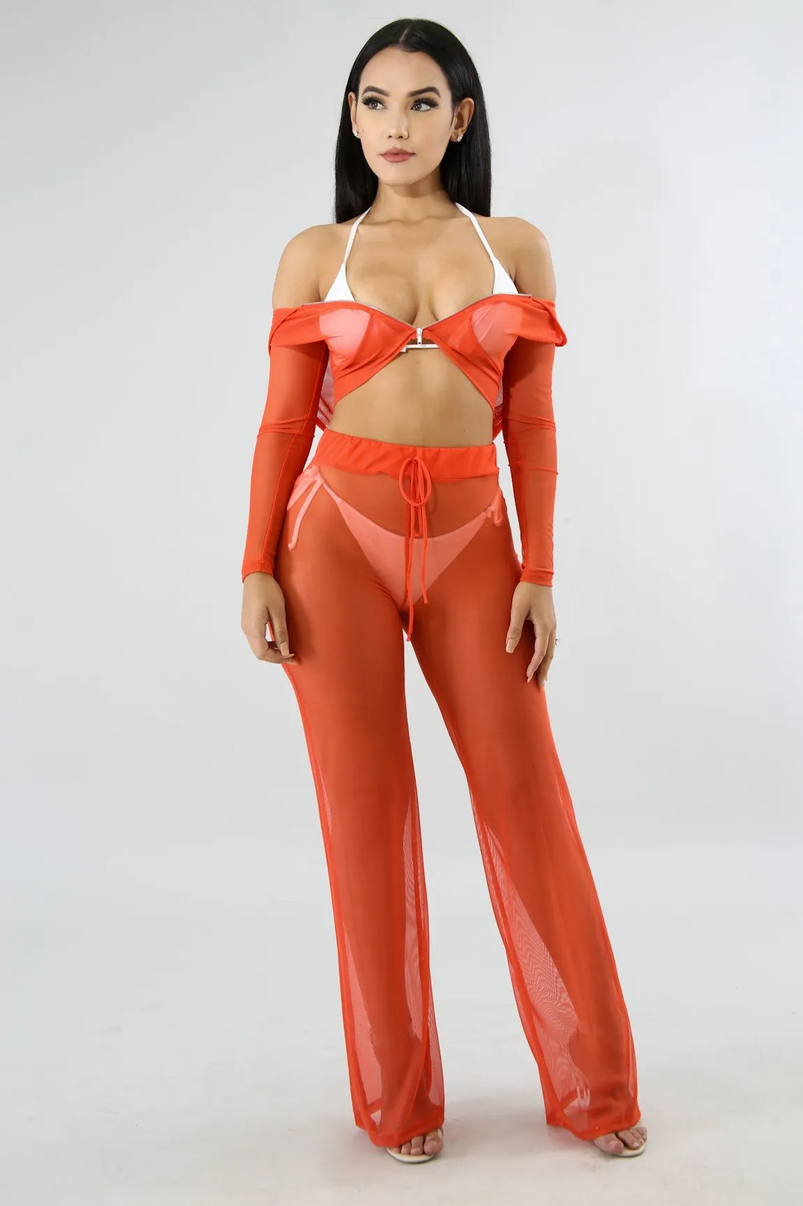 Bae - Hoodie Zipper See Through Pants Set