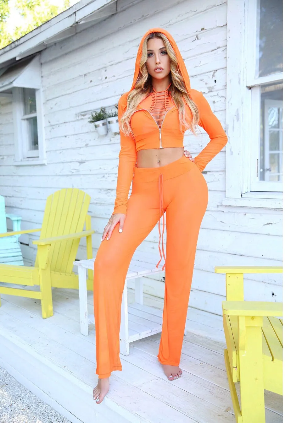 Bae - Hoodie Zipper See Through Pants Set