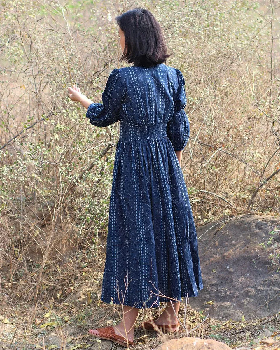 Blue Blockprinted Jal Cotton Dress-Moh