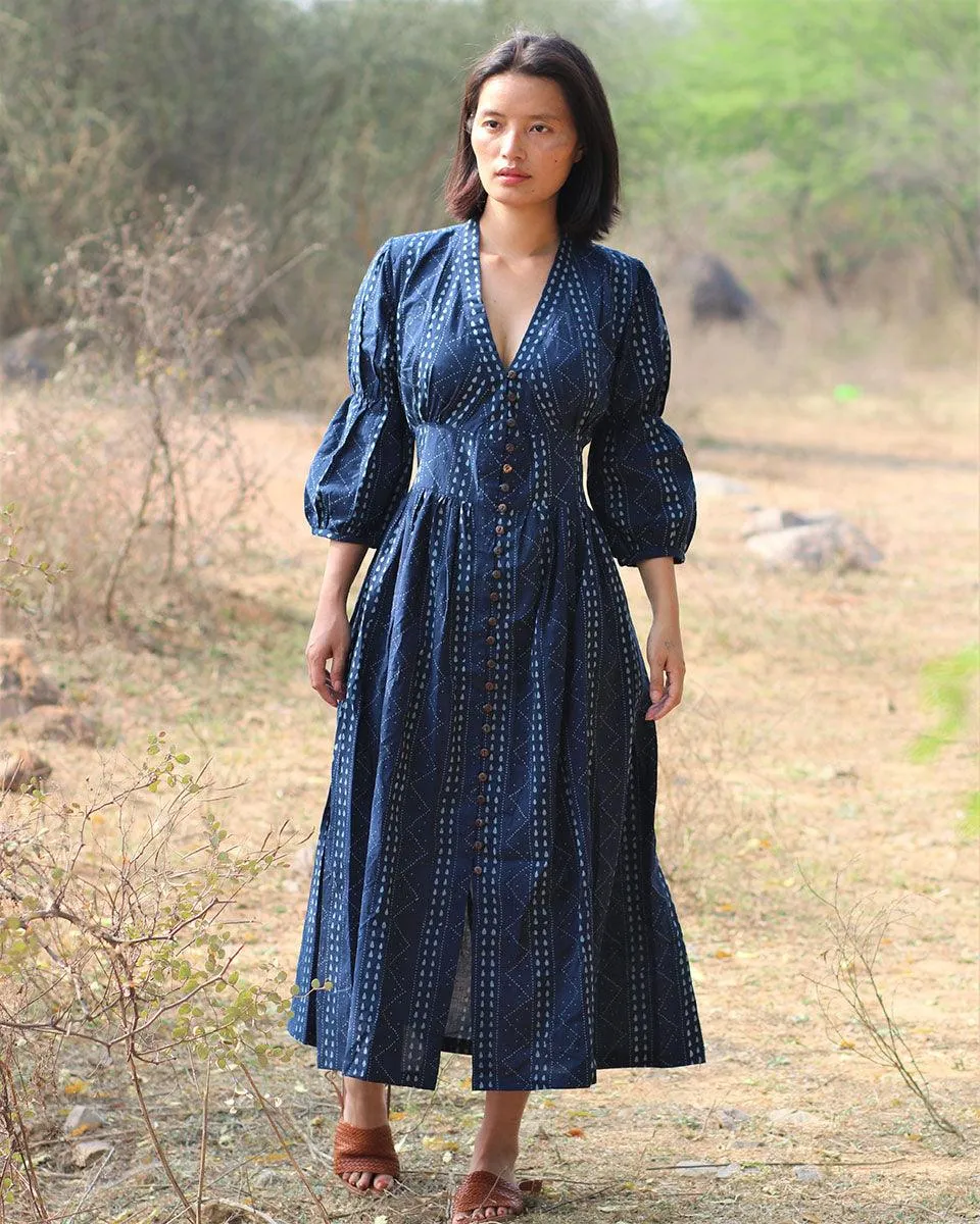 Blue Blockprinted Jal Cotton Dress-Moh