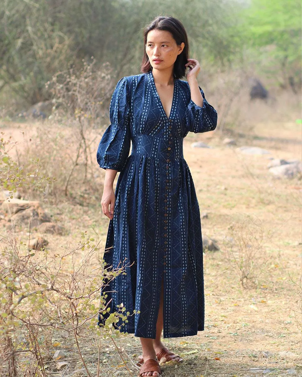 Blue Blockprinted Jal Cotton Dress-Moh