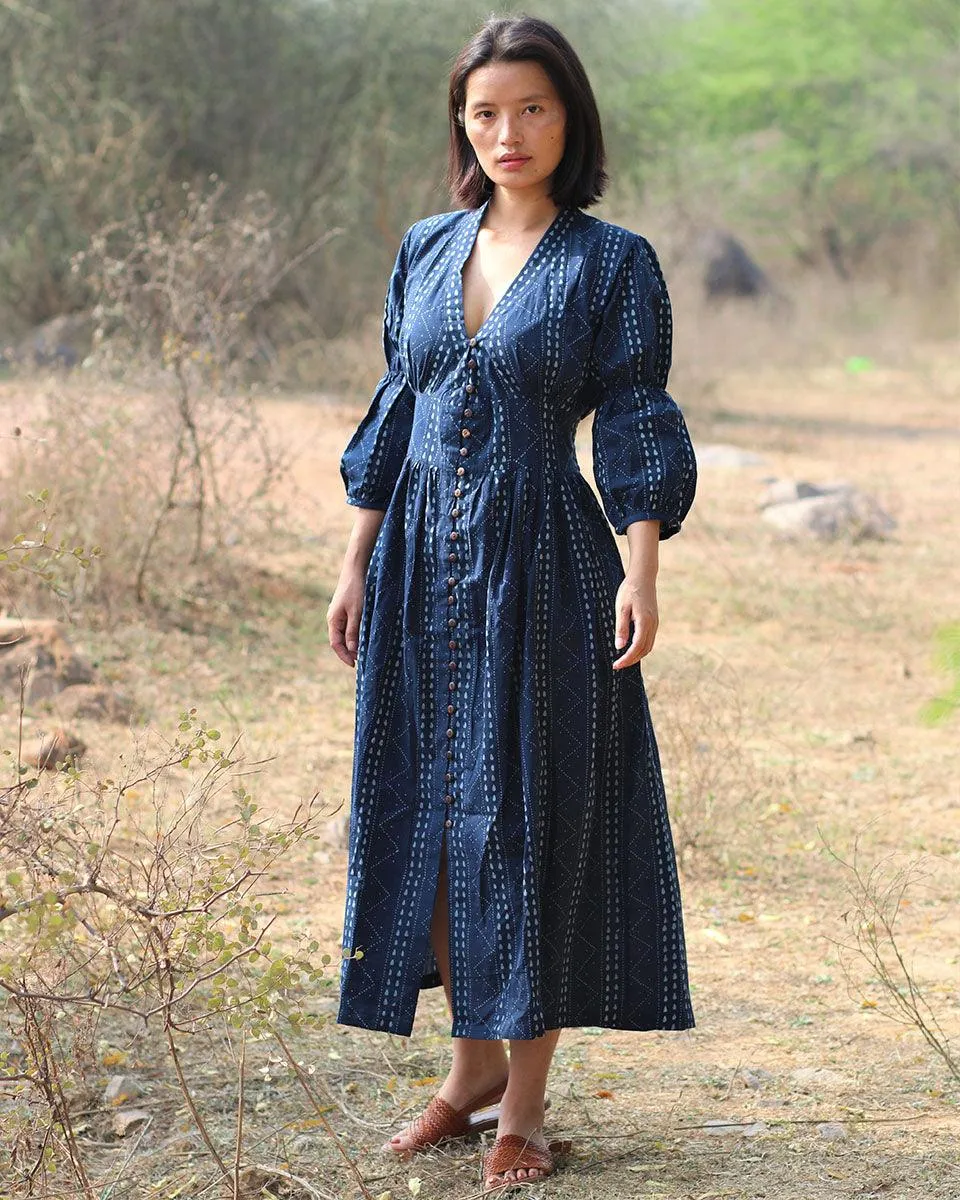 Blue Blockprinted Jal Cotton Dress-Moh
