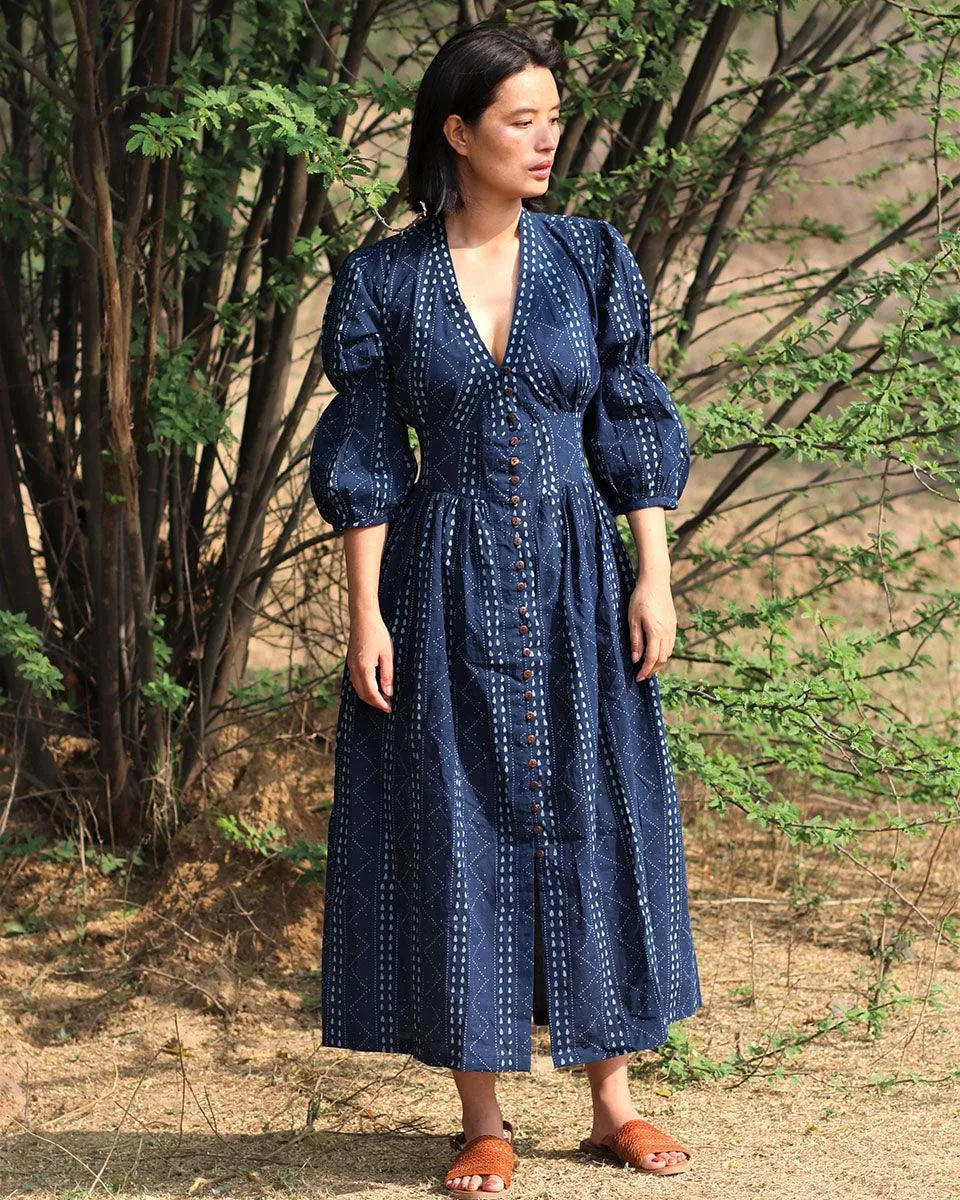 Blue Blockprinted Jal Cotton Dress-Moh