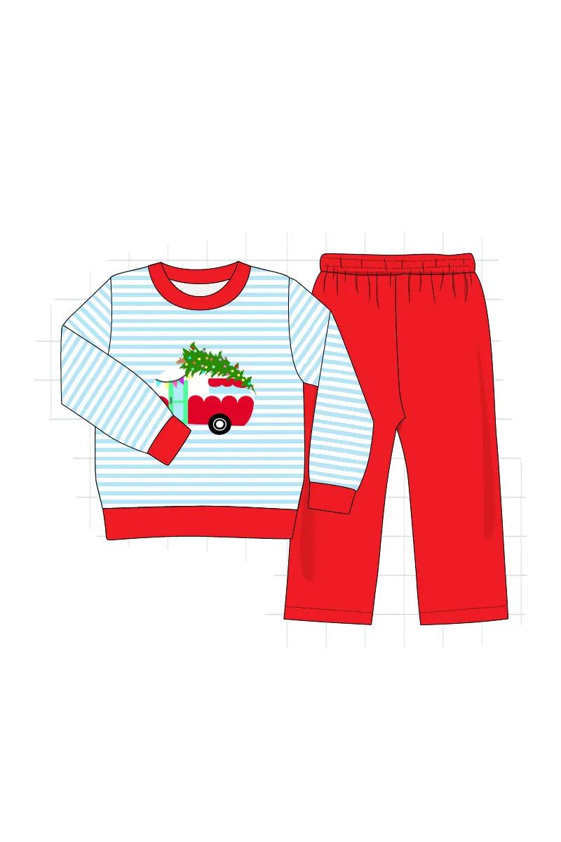 Blue Christmas Camper Van Applique Boy Set