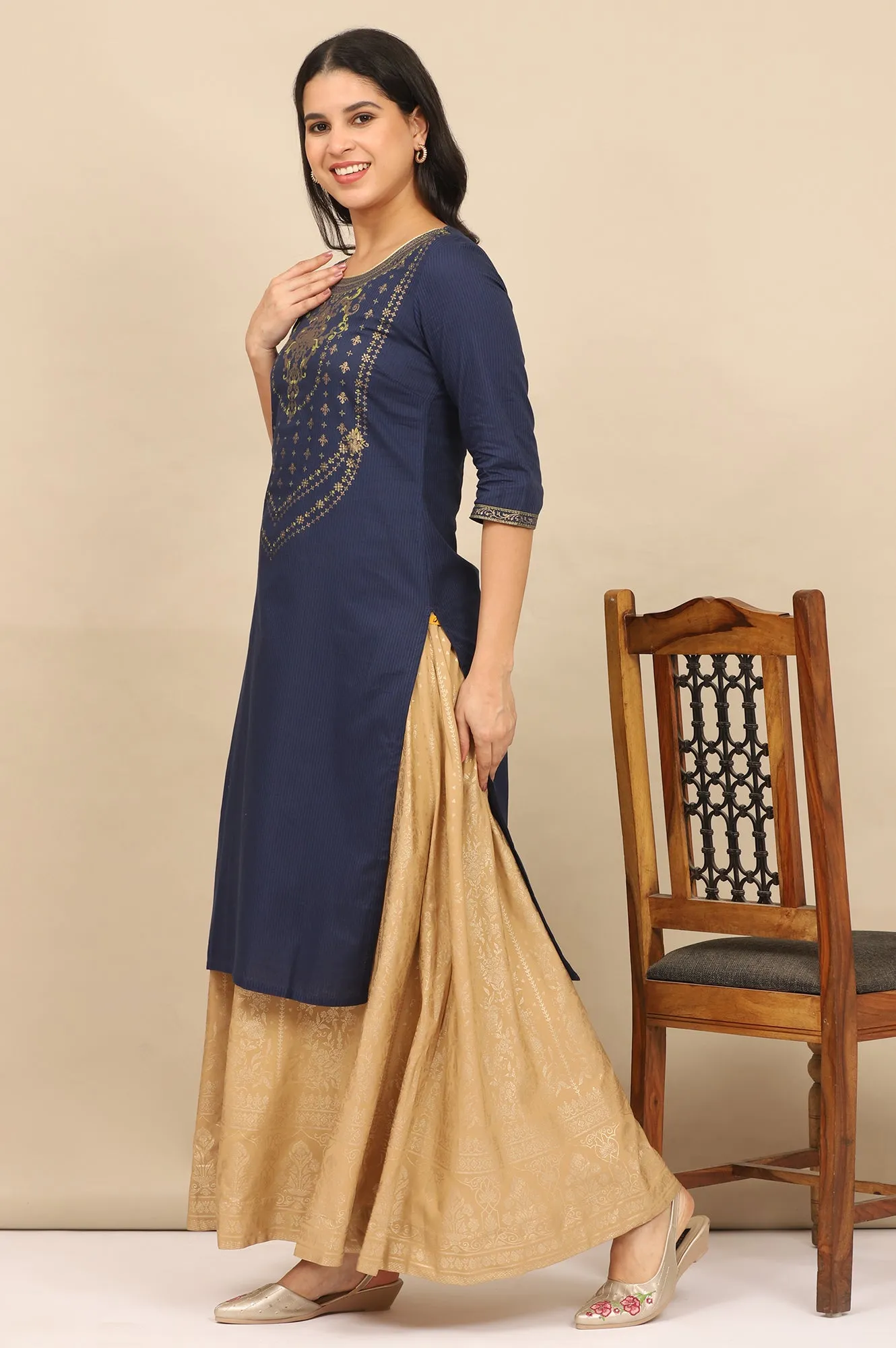 Blue Foil Printed Yoke Pure Cotton Straight Kurta, Skirt and Dupatta Set
