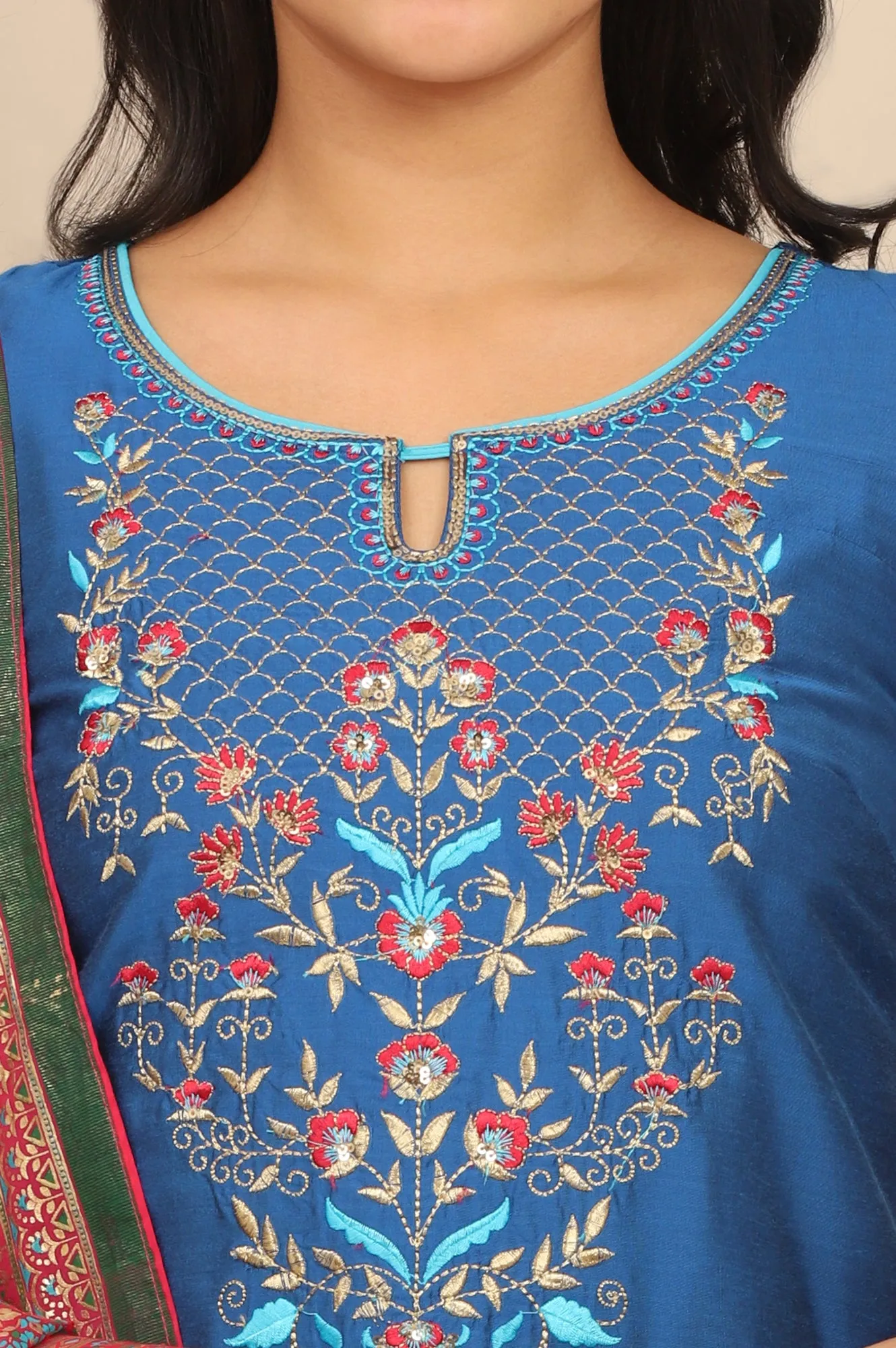 Blue Zari Embroidered Straight Kurta and Printed Skirt and Dupatta Set