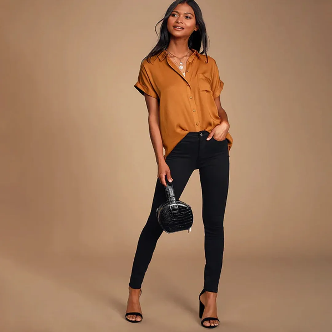 Blythe Rust Brown Short Sleeve Button-Up Top