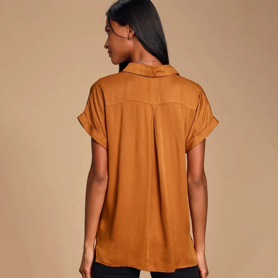 Blythe Rust Brown Short Sleeve Button-Up Top