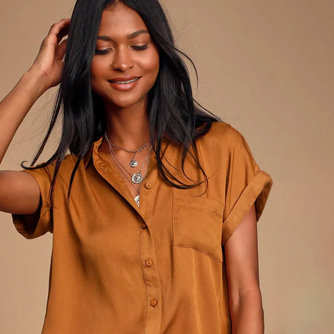Blythe Rust Brown Short Sleeve Button-Up Top