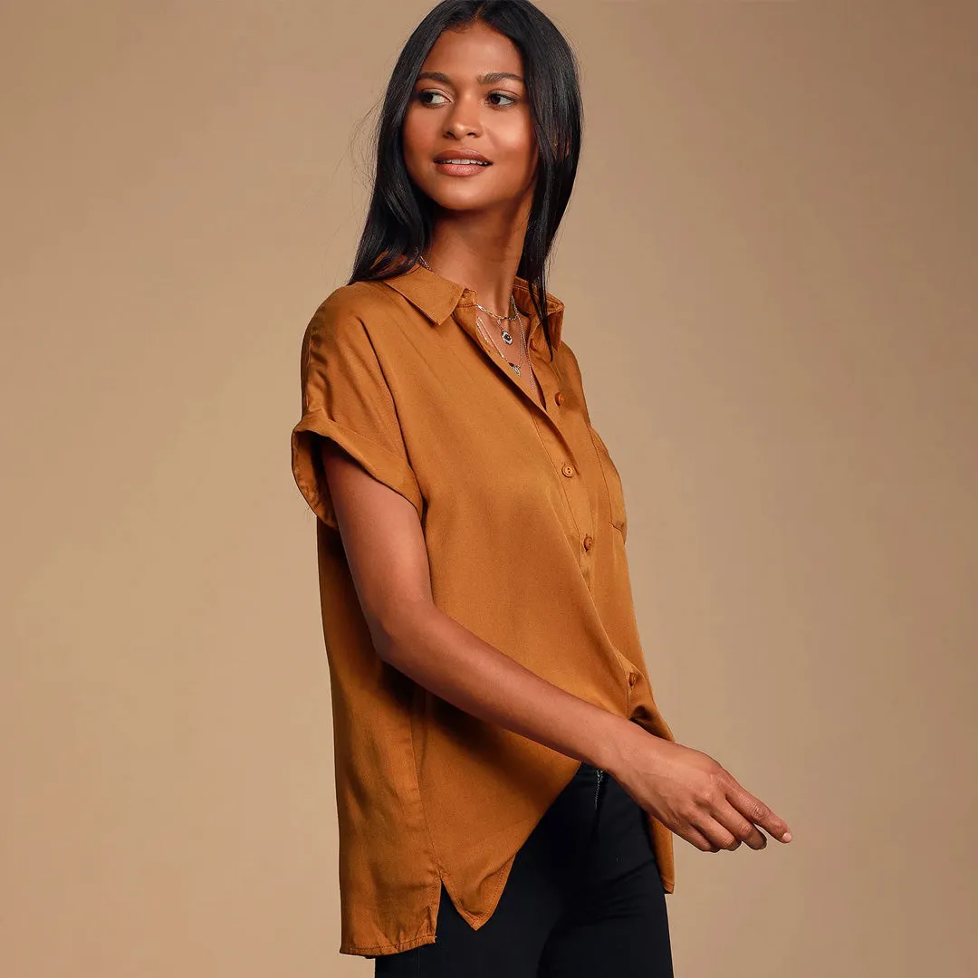 Blythe Rust Brown Short Sleeve Button-Up Top