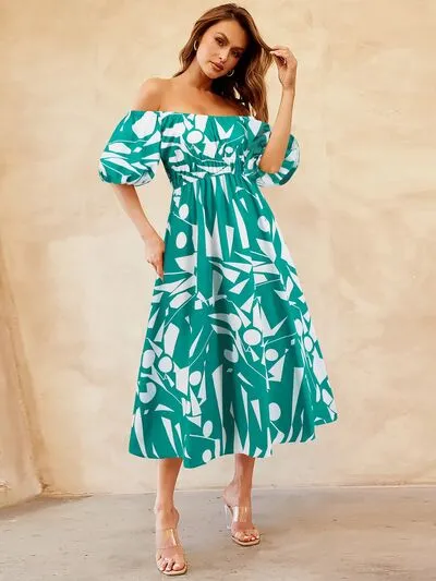 Boston Printed Off-Shoulder Balloon Sleeve Dress