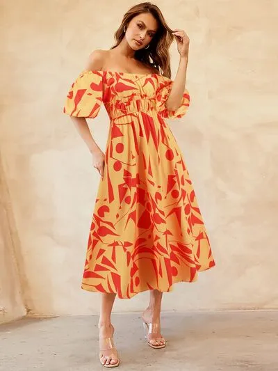 Boston Printed Off-Shoulder Balloon Sleeve Dress