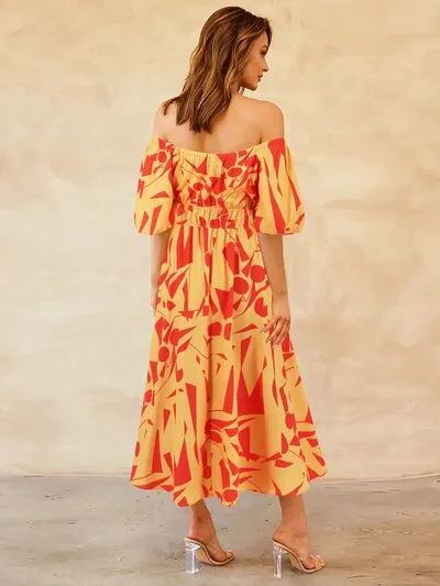 Boston Printed Off-Shoulder Balloon Sleeve Dress
