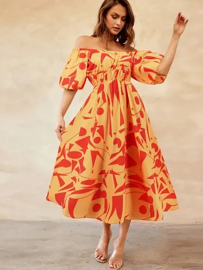 Boston Printed Off-Shoulder Balloon Sleeve Dress