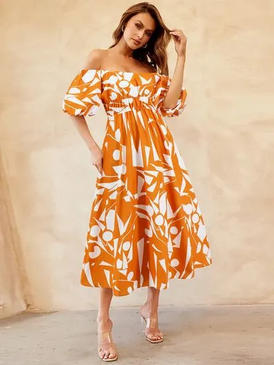 Boston Printed Off-Shoulder Balloon Sleeve Dress