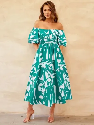 Boston Printed Off-Shoulder Balloon Sleeve Dress