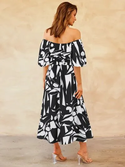 Boston Printed Off-Shoulder Balloon Sleeve Dress