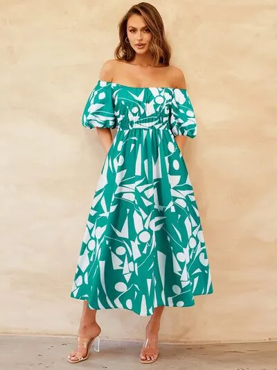 Boston Printed Off-Shoulder Balloon Sleeve Dress