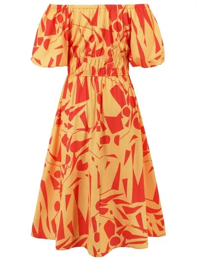 Boston Printed Off-Shoulder Balloon Sleeve Dress