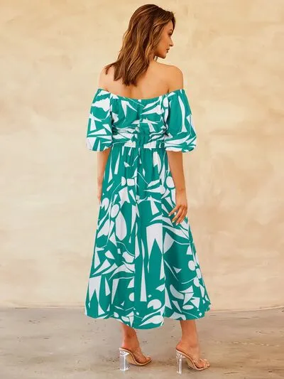 Boston Printed Off-Shoulder Balloon Sleeve Dress