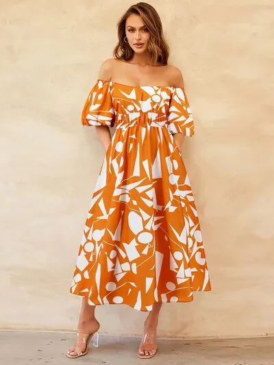 Boston Printed Off-Shoulder Balloon Sleeve Dress