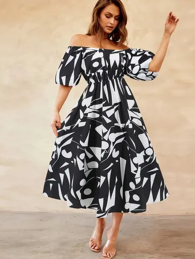 Boston Printed Off-Shoulder Balloon Sleeve Dress