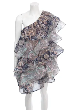 Bronx & Banco Navy Paisley Printed One-Shoulder Ruffle Dress SZ S