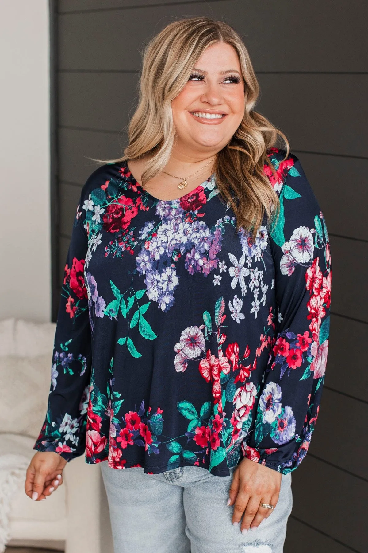 Call My Name Floral Top- Navy
