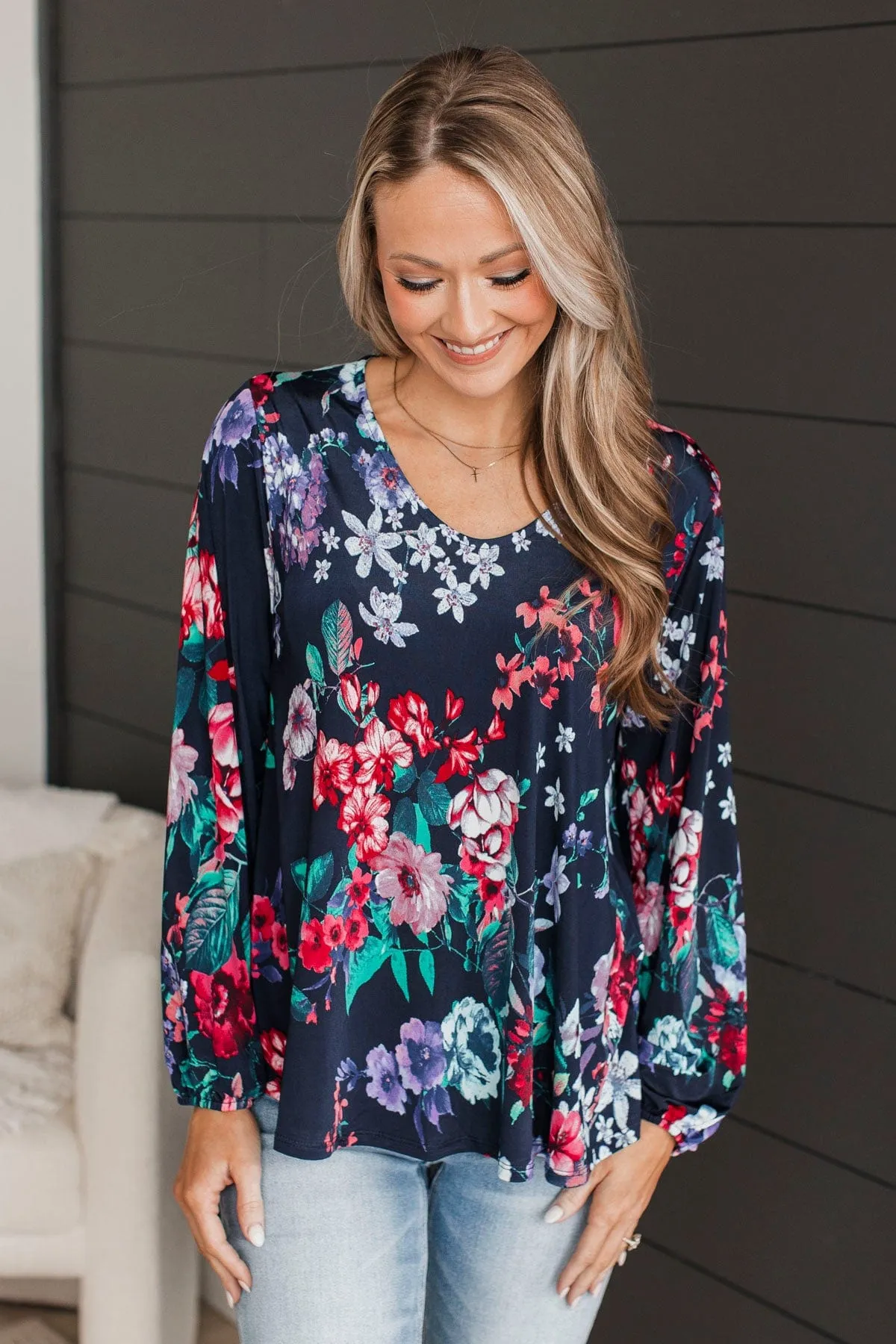 Call My Name Floral Top- Navy